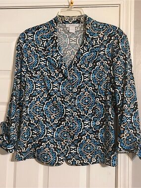 Charter Club Black and Blue Geometric V-Neck Blouse
